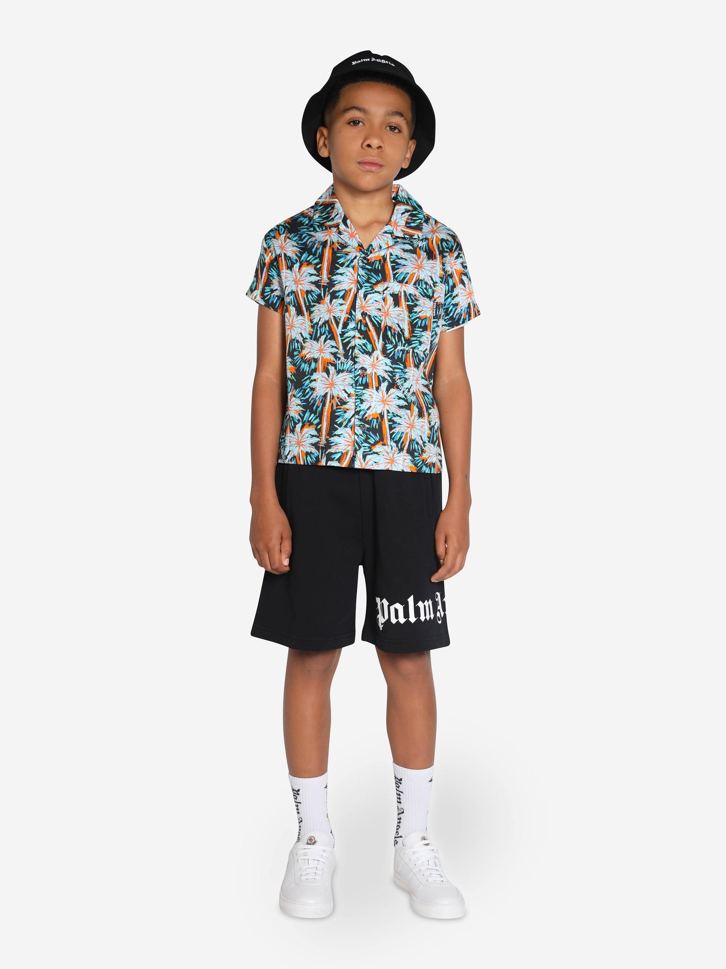 Palm Angels 男童 AOP PA Palms 保龄球衬衫（黑色）