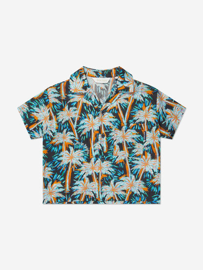 Palm Angels 男童 AOP PA Palms 保龄球衬衫（黑色）