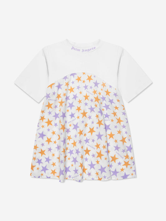 Palm Angels 女童 AOP PA Stars T 恤连衣裙（白色）