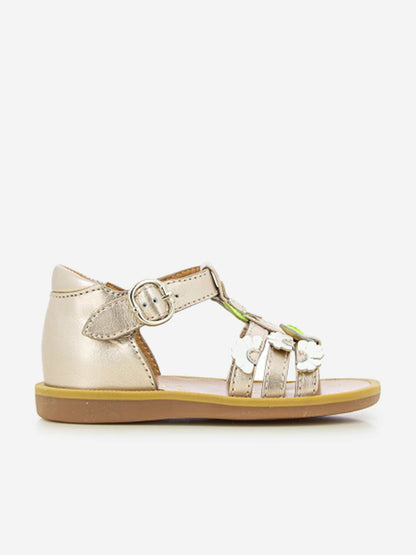 Pom D'Api 女童金色罂粟花多色雏菊皮革凉鞋