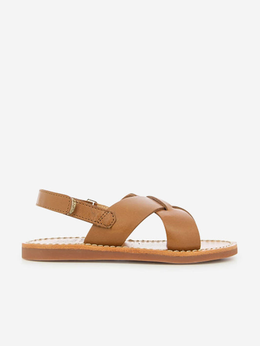 Pom D'Api 儿童皮革 Plage 针脚十字凉鞋 棕色