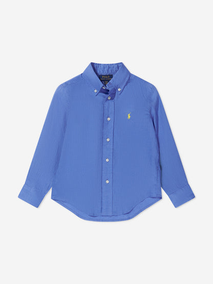 Ralph Lauren 男童蓝色亚麻徽标衬衫