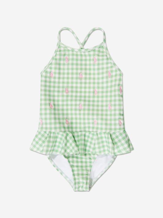 Ralph Lauren 女童绿色格纹徽标泳衣