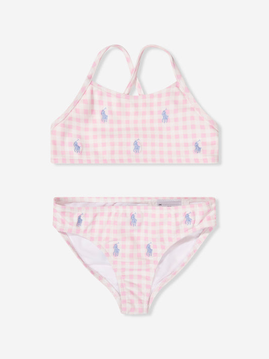 女童粉色格纹徽标比基尼