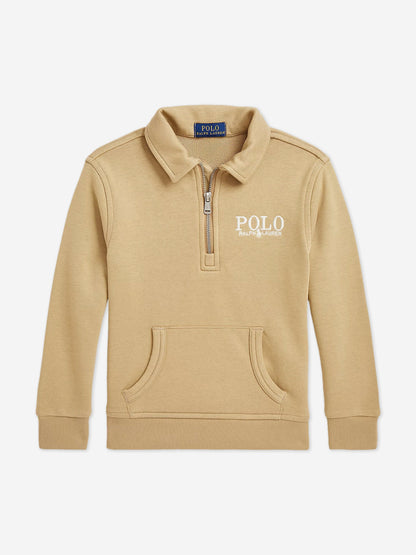 Boys Half Zip Polo Sweatshirt in Beige