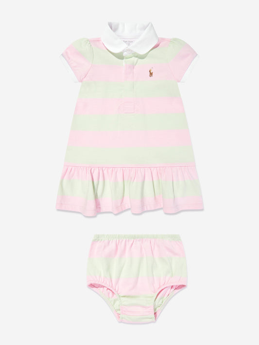 Baby Girls Striped Rugby Dress With Bloomers in Pink