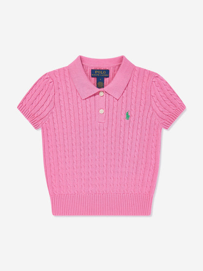 Girls Cable Knit Polo Sweater in Pink