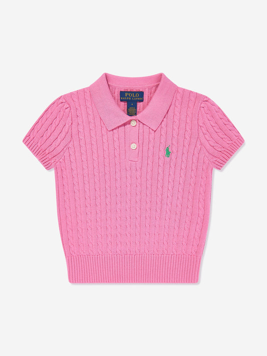 Girls Cable Knit Polo Sweater in Pink