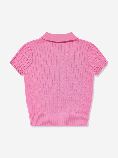 Girls Cable Knit Polo Sweater in Pink