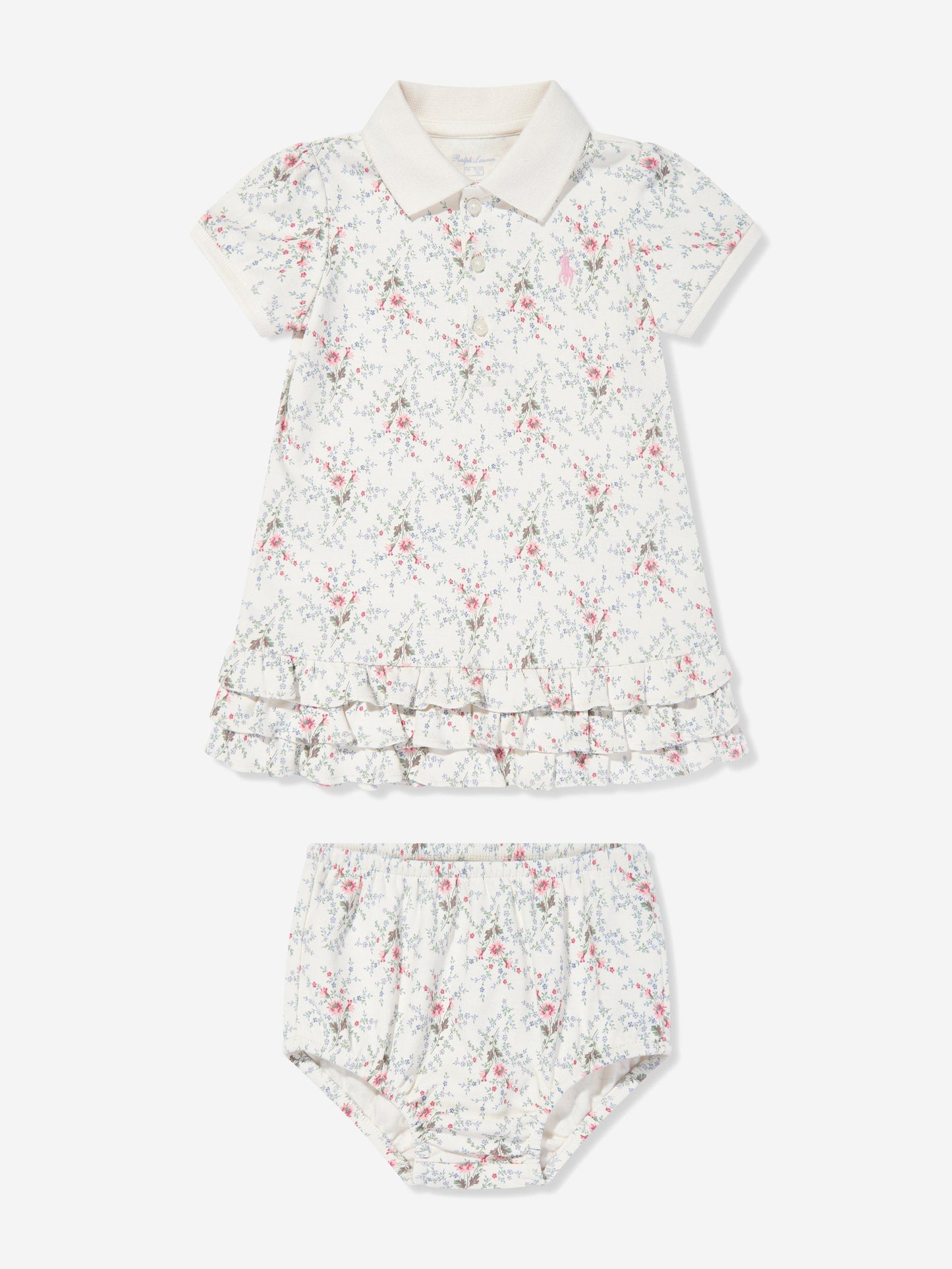 Baby Girls Floral Polo Dress With Blommers in Ivory