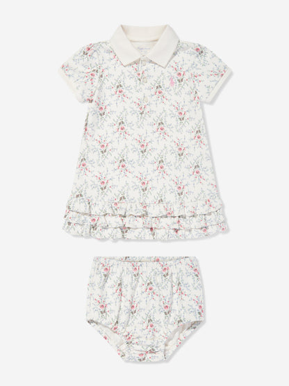 Baby Girls Floral Polo Dress With Blommers in Ivory