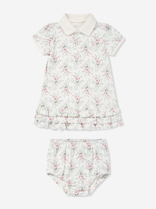 Baby Girls Floral Polo Dress With Blommers in Ivory
