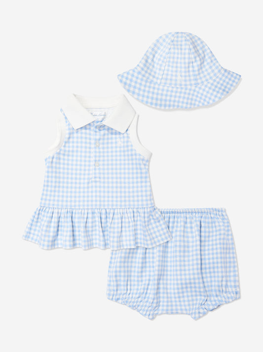 Ralph Lauren Baby Girls Gingham Short Set with Sun Hat in Blue