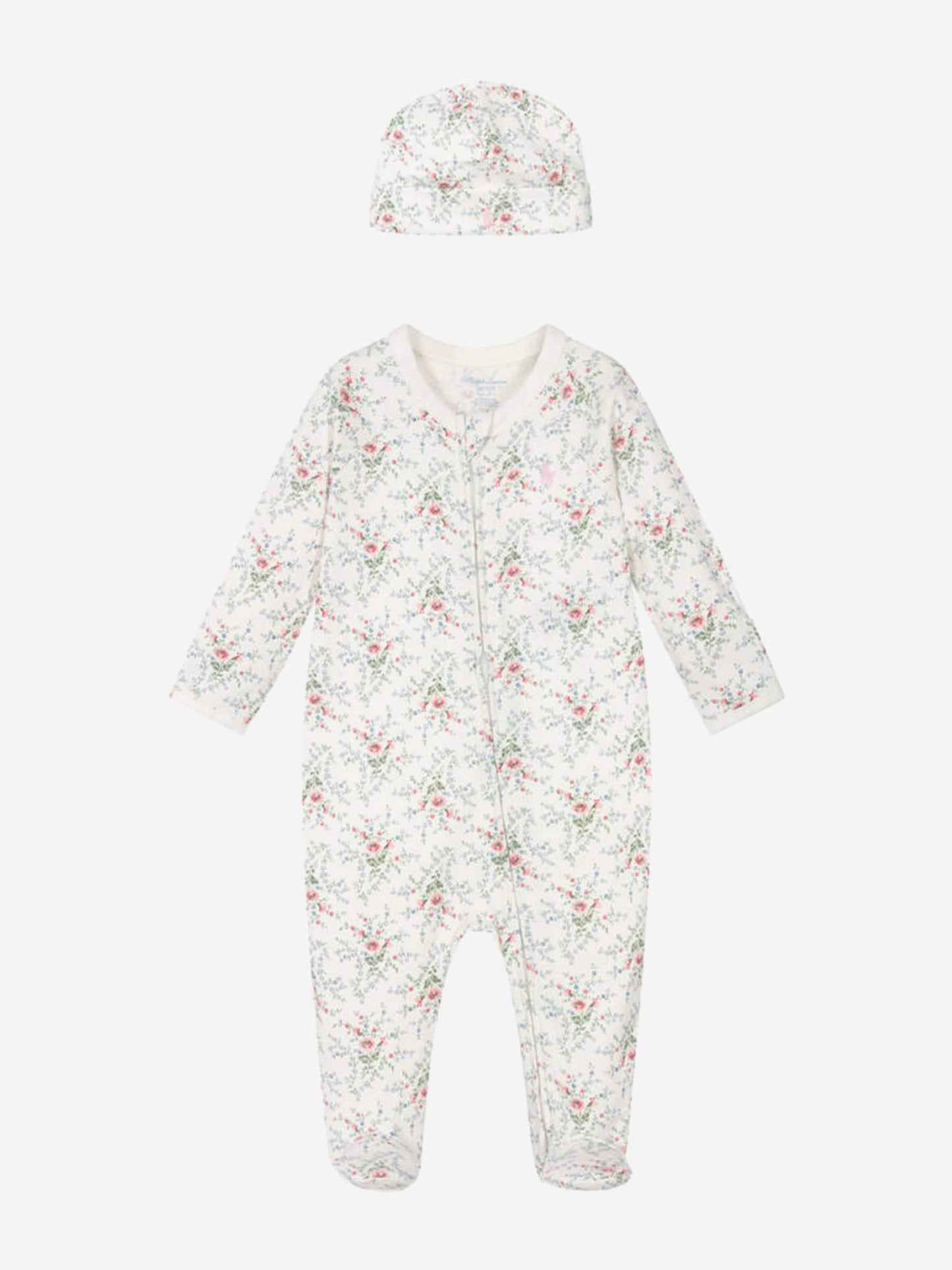 Baby Girls Floral Babygrow and Hat Set in Ivory