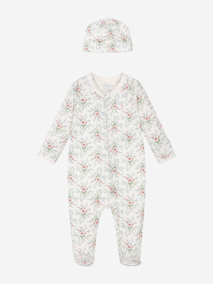 Baby Girls Floral Babygrow and Hat Set in Ivory