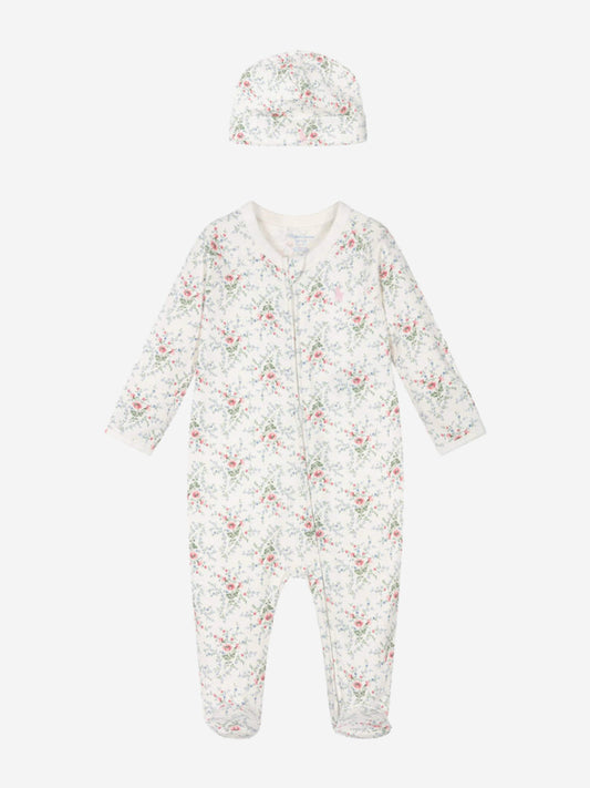 Baby Girls Floral Babygrow and Hat Set in Ivory