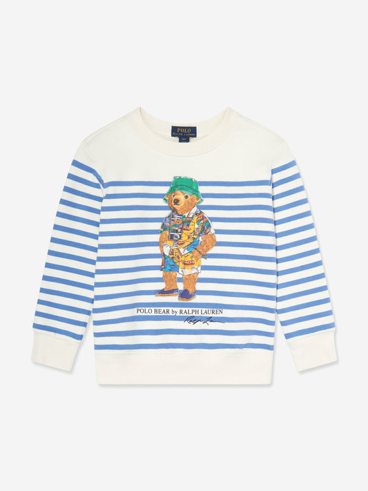 Boys Striped Polo Bear Jumper in White