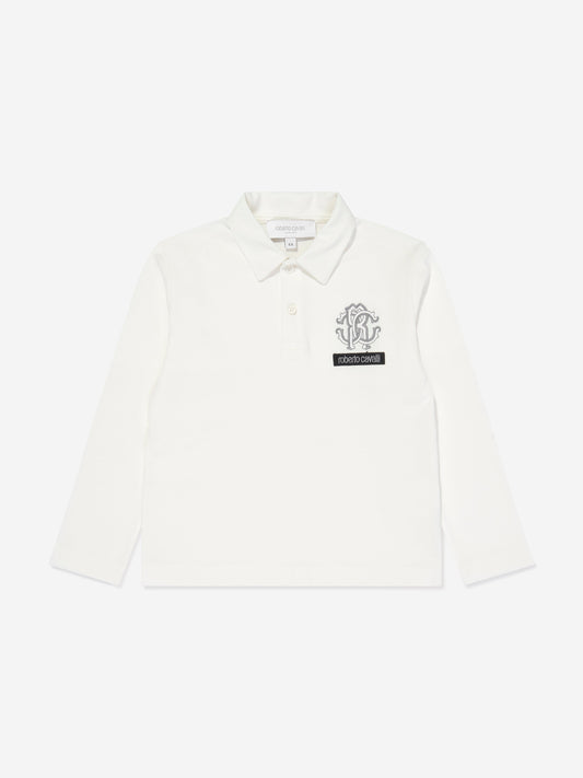 男童白色长袖徽标 Polo 衫