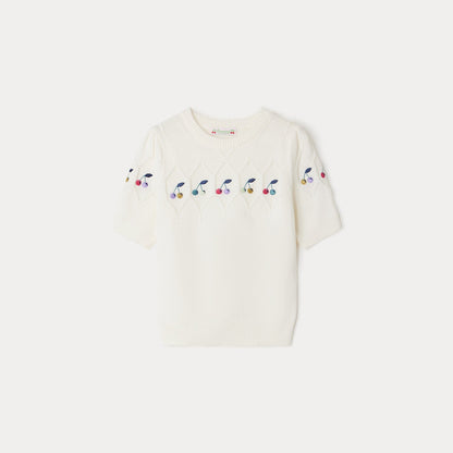 女童白色刺绣Logo棉毛衣