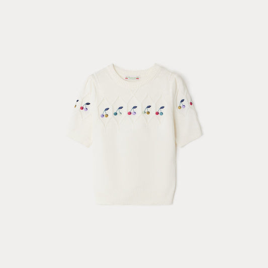 女童白色刺绣Logo棉毛衣