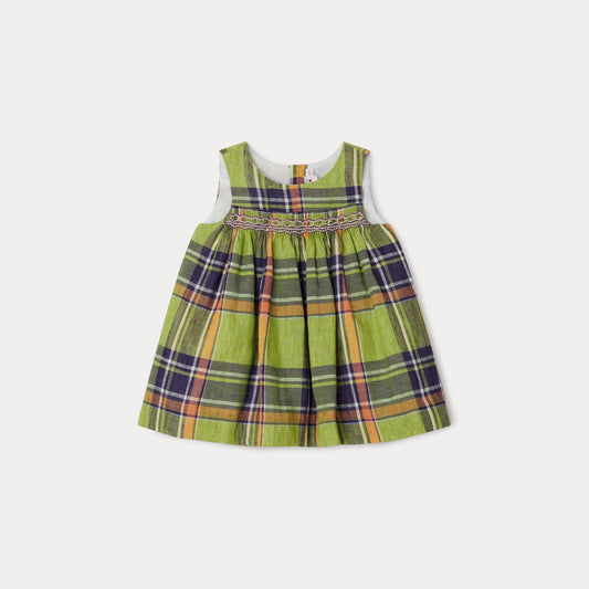 女婴绿色格子亚麻连衣裙