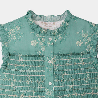 女童绿色碎花棉连衣裙