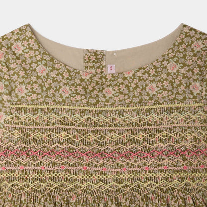 女童卡其绿色碎花棉连衣裙