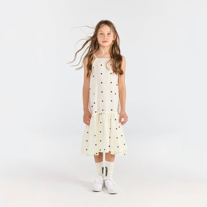 女童白色波点棉吊带连衣裙