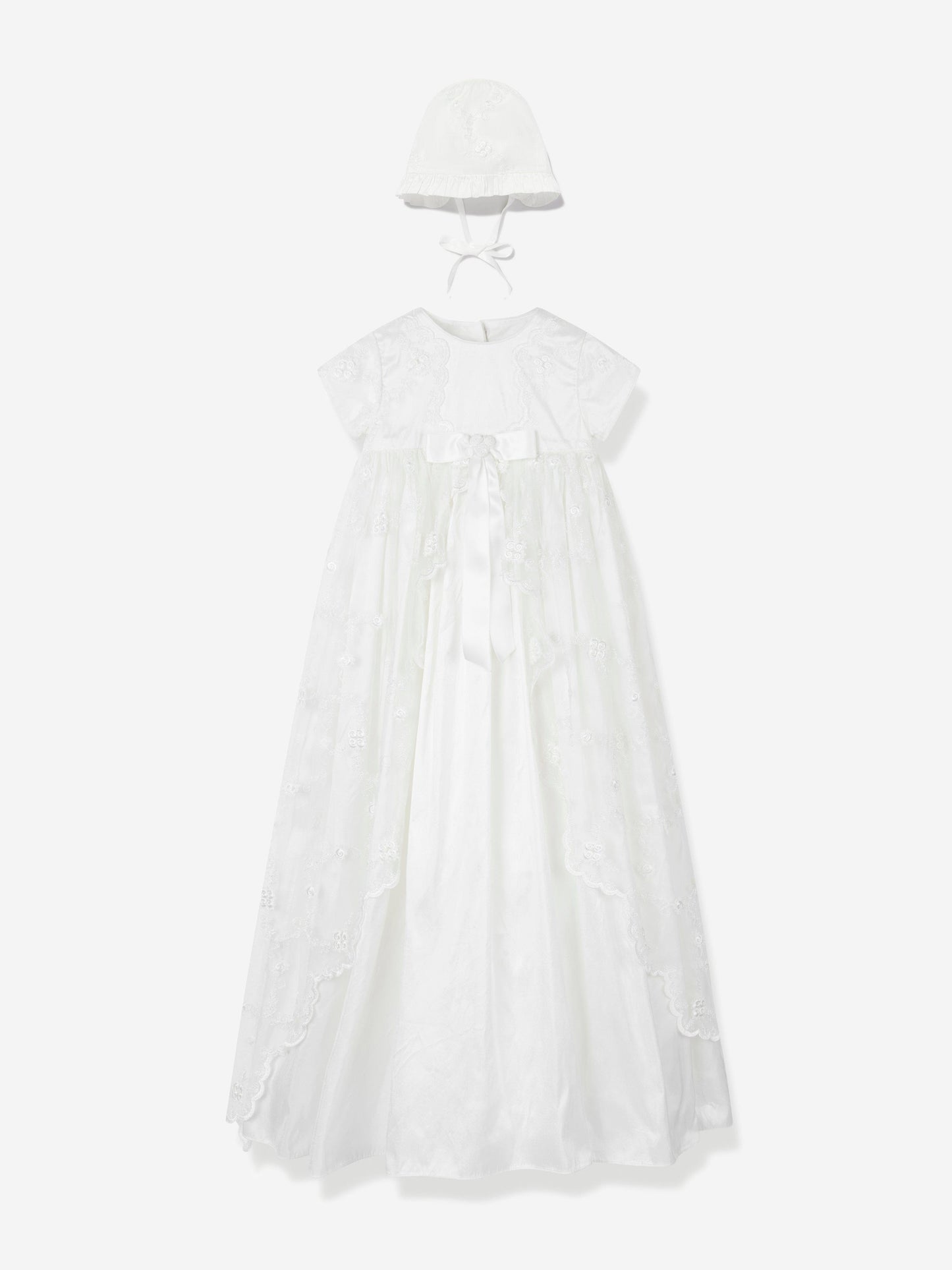 Baby Girls Silk Christening Robe and Bonnet in Ivory