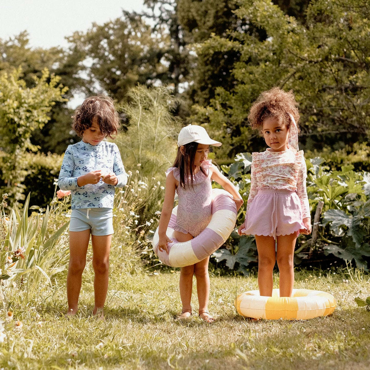 女童粉色碎花泳衣套装