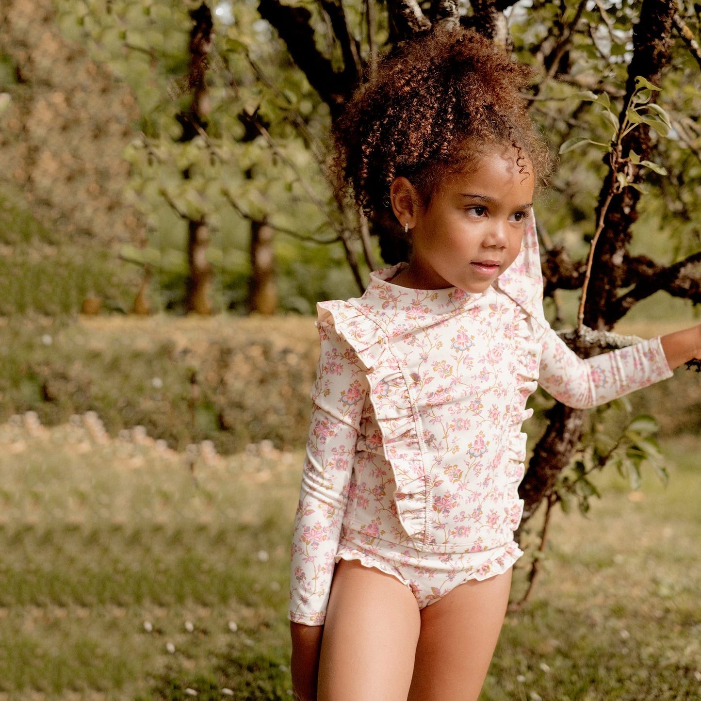 女童粉色碎花泳衣套装