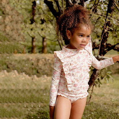 女童粉色碎花泳衣套装