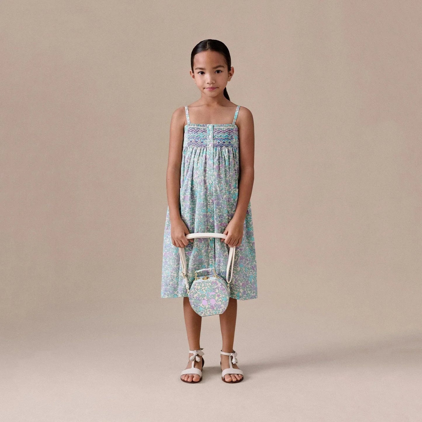 女童绿色碎花棉连衣裙