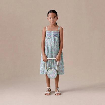女童绿色碎花棉连衣裙