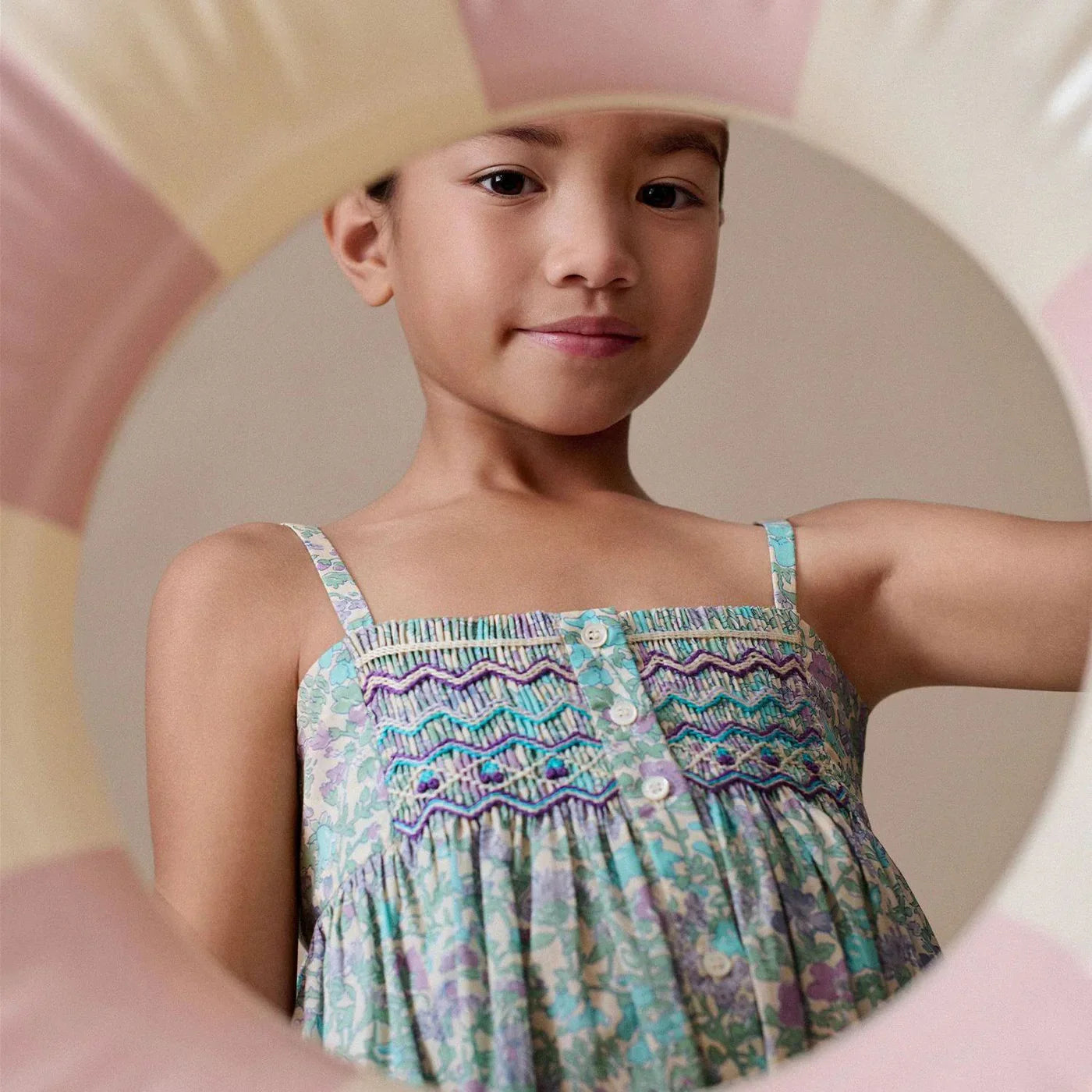 女童绿色碎花棉连衣裙