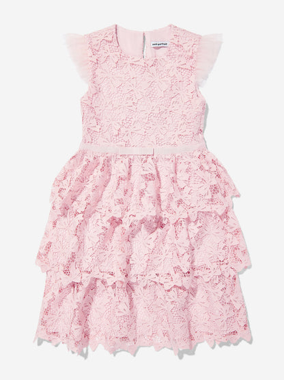 Girls Bow Lace Tiered Dress in Pink