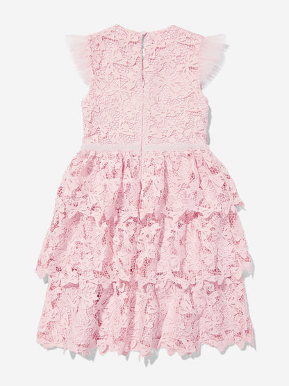 Girls Bow Lace Tiered Dress in Pink