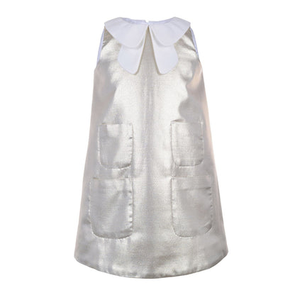Girls Metallic Gold&Ivory Peter Pan Collar Shift Dress