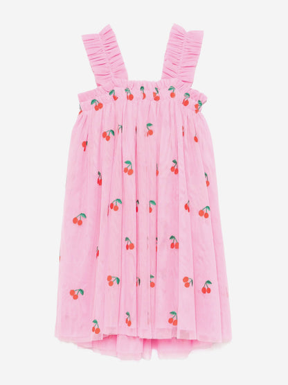 Girls Embroidered Cherries Dress in Pink