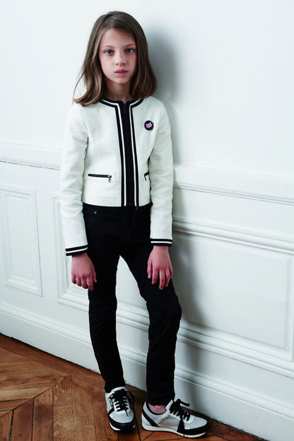 Girls White Cotton Zip-up Jacket