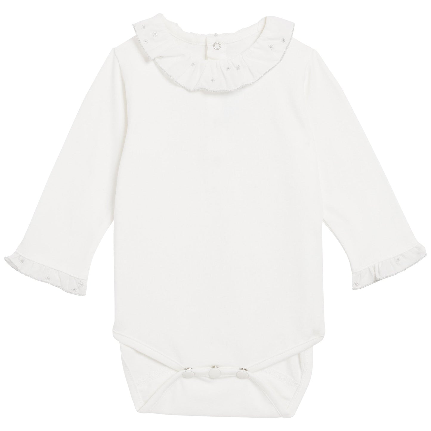 Baby Girls Ivory Ruffled Collar Cotton Bodysuit With Silver Edge