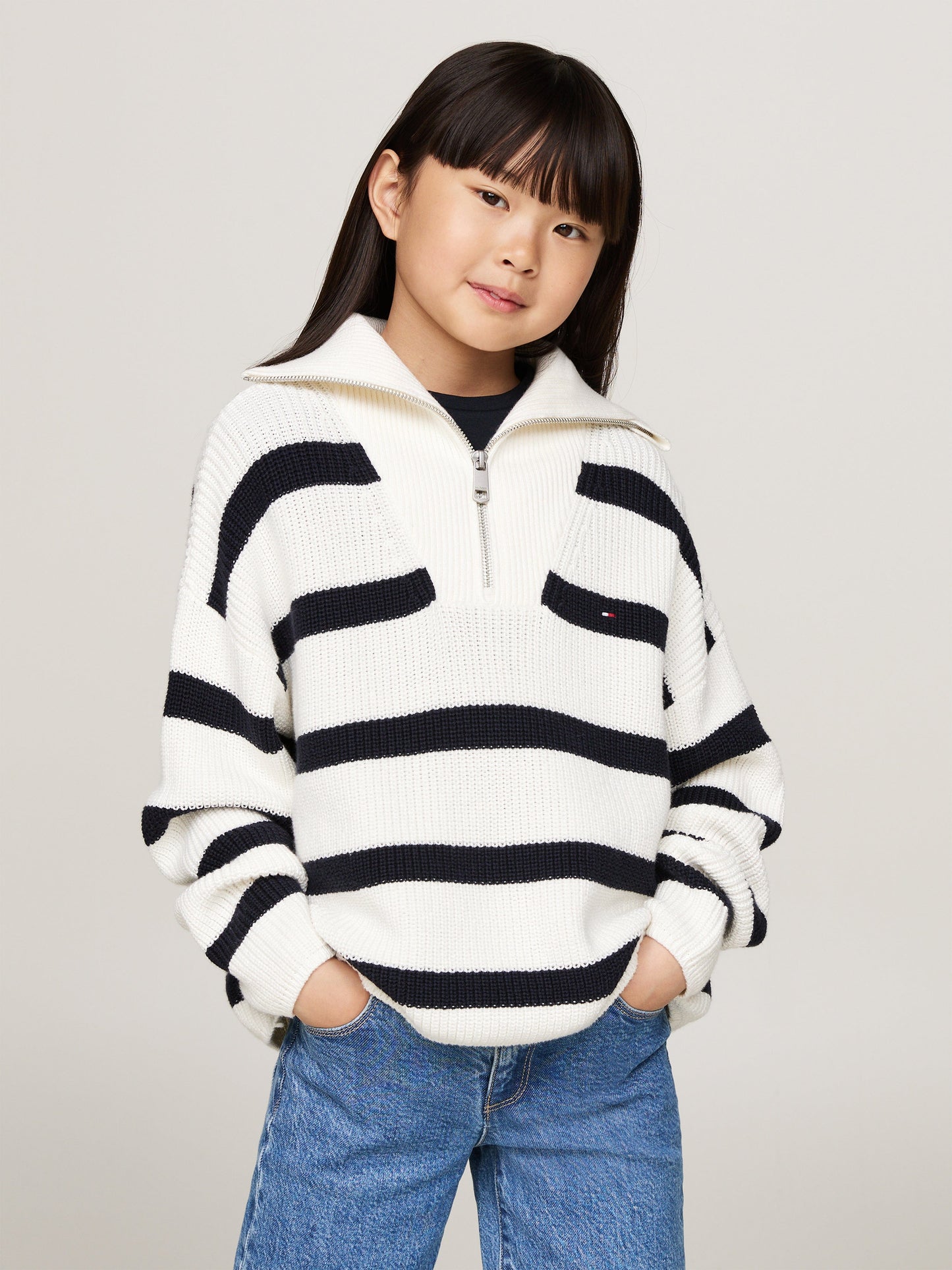Tommy Hilfiger 女童象牙色条纹半拉链套衫