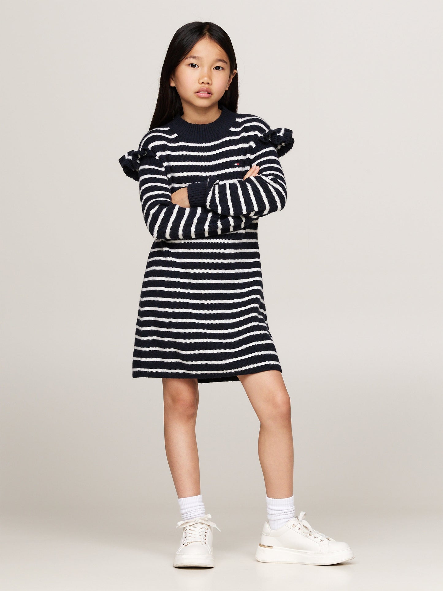 Tommy Hilfiger Girls Striped Ruffle Skater Dress in Navy