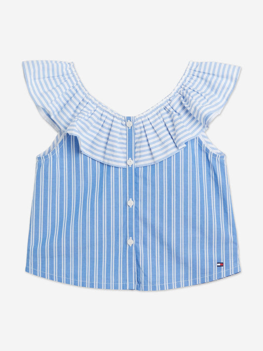 Tommy Hilfiger 女童混合条纹褶边衬衫（蓝色）