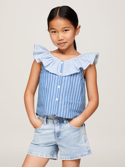 Tommy Hilfiger 女童混合条纹褶边衬衫（蓝色）