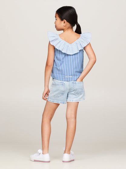 Tommy Hilfiger 女童混合条纹褶边衬衫（蓝色）