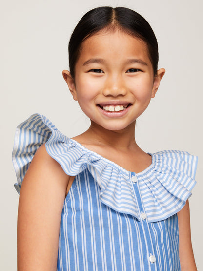 Tommy Hilfiger 女童混合条纹褶边衬衫（蓝色）