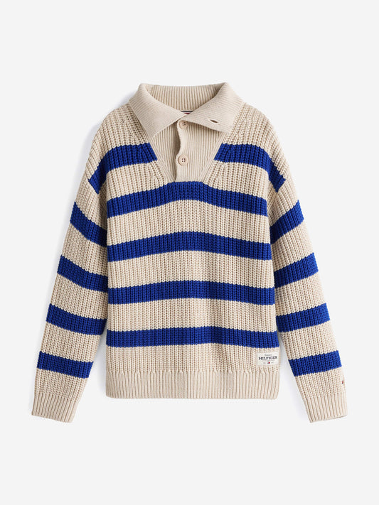Boys Striped Mock Neck Jumper in Beige