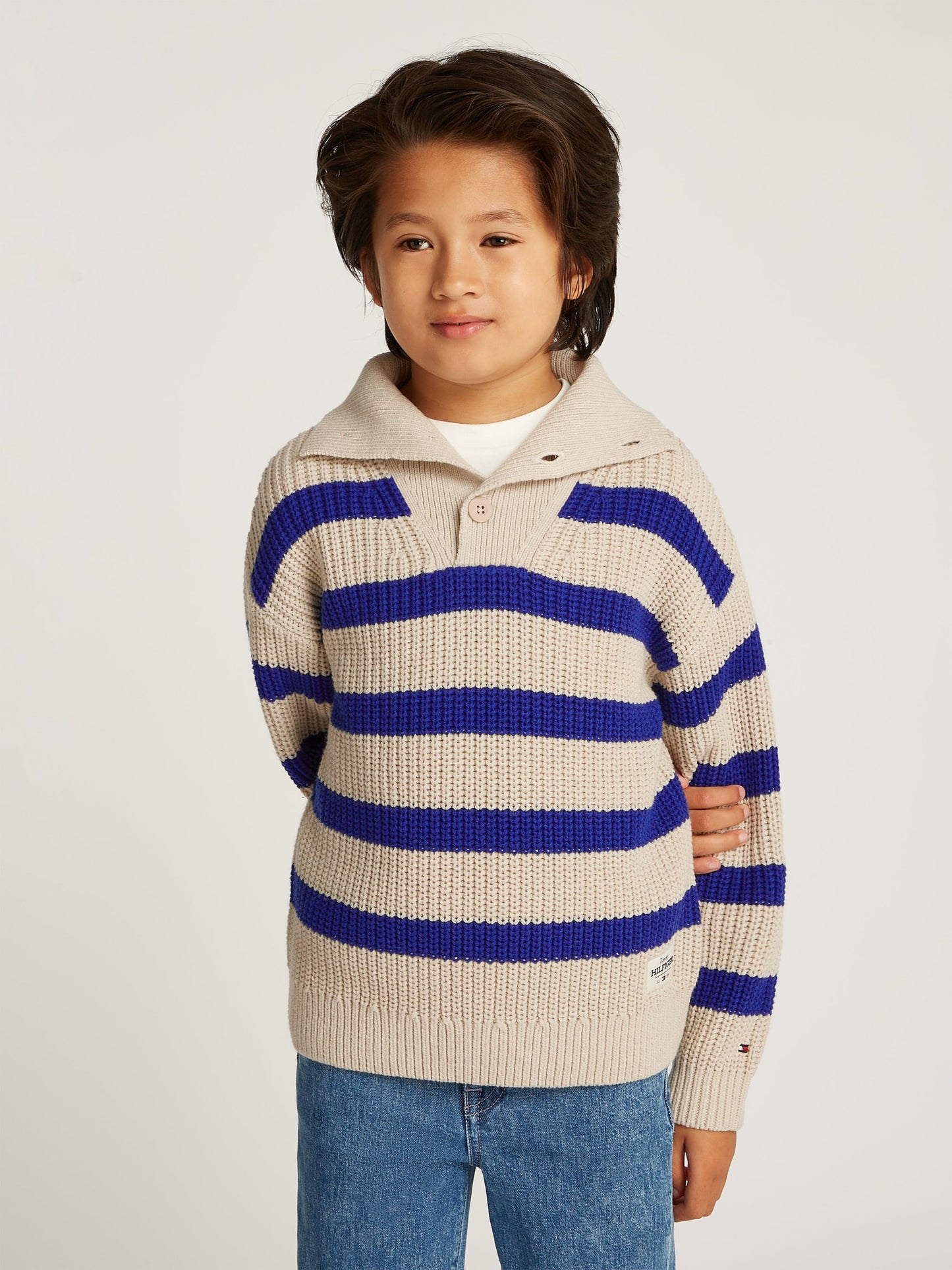 Boys Striped Mock Neck Jumper in Beige