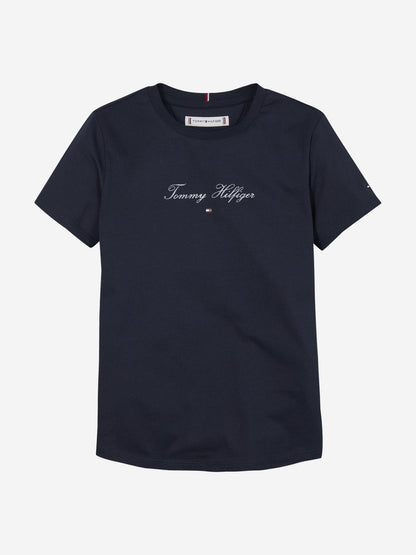 Girls Script Logo Slim T-Shirt in Navy